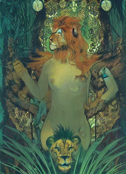 Prompt: a mythological beast with lion face and bird wings in the middle of a lush forest at night. diffuse neon light, dramatic landscape, fantasy illustration, matte painting by mucha