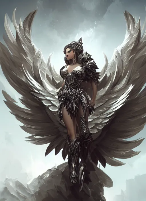 Image similar to a highly detailed illustration of winged divine armored angel, ominous floating pose, intricate, elegant, highly detailed, centered, digital painting, artstation, concept art, smooth, sharp focus, league of legends concept art, wlop.