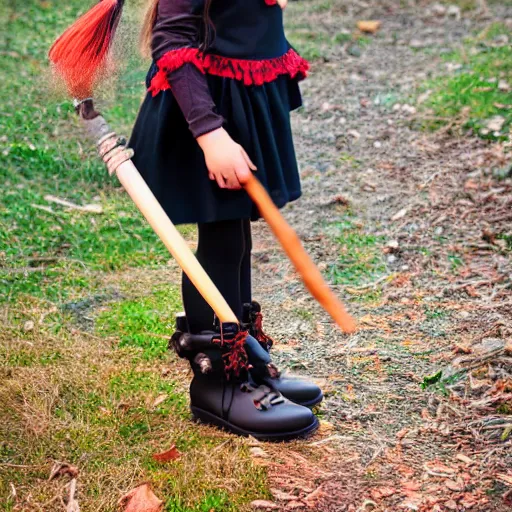 Prompt: young witch with magic wand and broom cosplay, she wears boots, full body, photo taken by nikon, 4k, high quality, very detailed, intricant