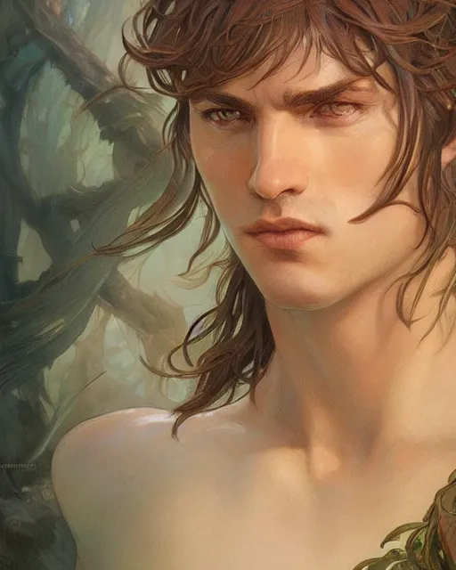 Prompt: up close portrait of a handsome male fae looking off to the side, d & d, face, fantasy, intricate, elegant, highly detailed, digital painting, artstation, concept art, smooth, sharp focus, illustration, art by artgerm and greg rutkowski and alphonse mucha