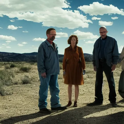 Prompt: a film still of walter white standing with his parents breaking bad, walter white's mother and father next to him in breaking bad, realistic, hyperrealistic, ultra realistic, real, real world, highly detailed, very detailed, extremely detailed, intricate details, 8 k resolution, hd quality, film still