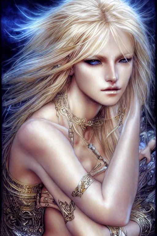 Prompt: a beautiful blond goddess girl, fantasy, portrait, sharp focus, intricate, elegant, illustration, ambient lighting, art by Luis Royo