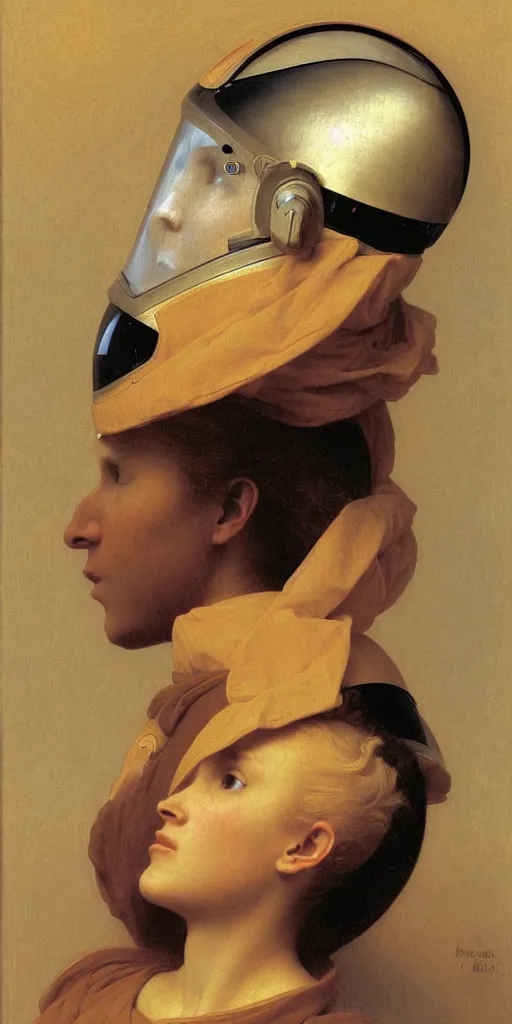 Prompt: portrait of an ancient human species in astronaut helmets, a portrait of no more than one person, by bouguereau