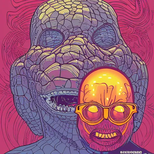 Image similar to portrait of head melting into another one, lava, laugh and surprise, spiders with tongues, by josan gonzales and Dan Mumford