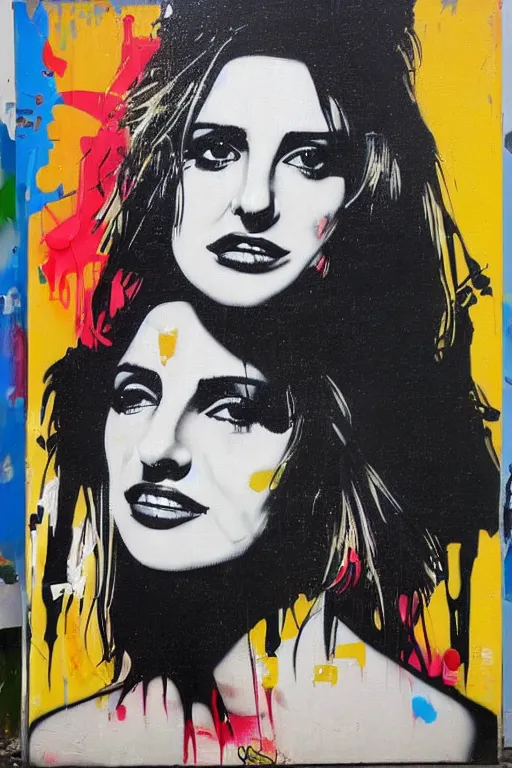 Image similar to graffiti, splash painting, portrait of penelope cruz, artwork by bansky