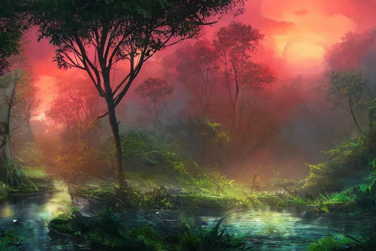 Prompt: gorgeous scarlet android beautiful sunset in the distance through the forest, jungle mountains in the background with immense trees, highly detailed, trending on art station, flying birds in the distance