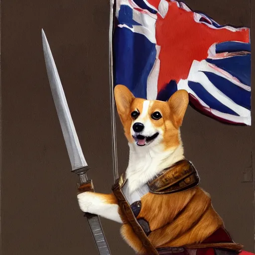 Prompt: A painting of a proper elderly corgi wearing battle armor, with his paws on his sword, posing for the painting. UK flags in the background, medieval style, artwork