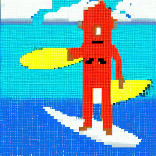 Prompt: one surfer on a surfboard. sun and sea. colorful. pixelart.