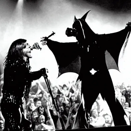 Image similar to ozzy Osborne Eating a man in a bat costume on stage, concert, mascot, crowd