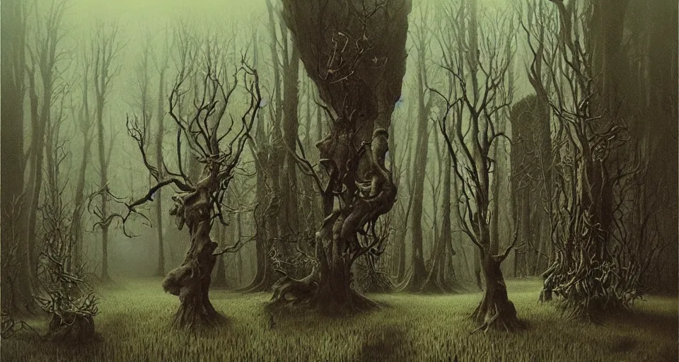 Image similar to Enchanted and magic forest, by Zdzisław Beksiński