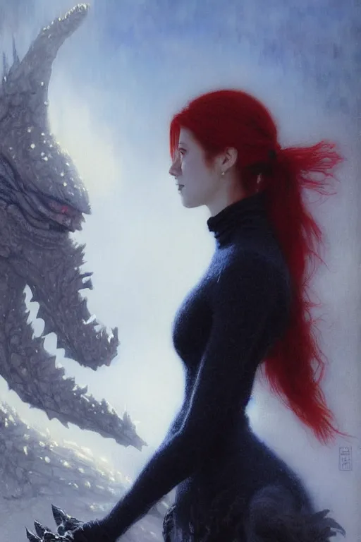 Image similar to extremely detailed painting of a beautiful vampire with red eyes and long red hair in a ponytail, in a white woollen turtleneck dress, looking at a small blue shin godzilla, painting by gaston bussiere, craig mullins, greg rutkowski, yoji shinkawa