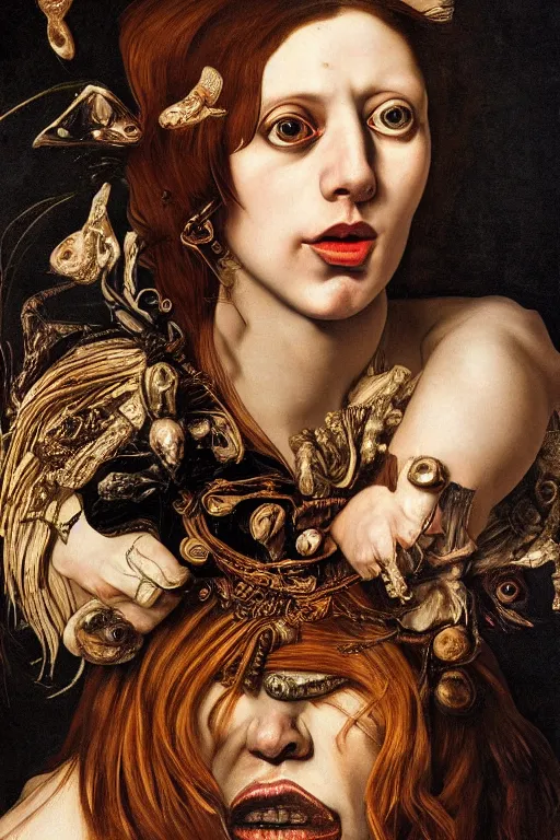 Prompt: Detailed maximalist portrait with large lips and with large wide eyes, surprised expression, surreal extra flesh , HD mixed media, 3D collage, highly detailed and intricate, illustration in the golden ratio, in the style of Caravaggio, dark art, baroque