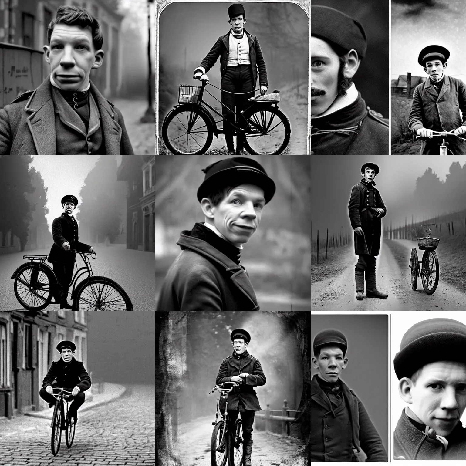 Prompt: a young, eastern european, absent-minded 19th century postman looks similar to Lee Evans, rides a bike, cinematic lighting, highly detailed, black-and-white, realistic, antique photography