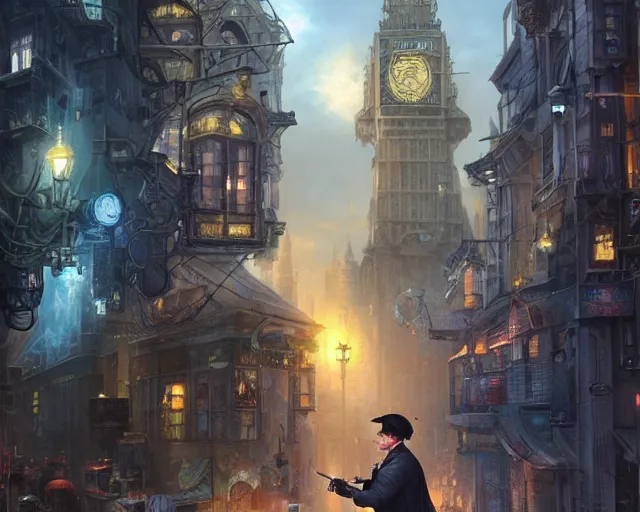 Prompt: sherlock holmes in a futuristic city street, cool, detailed, realistic, digital art, hd, by alayna lemmer, by tom bagshaw, by fintan magee