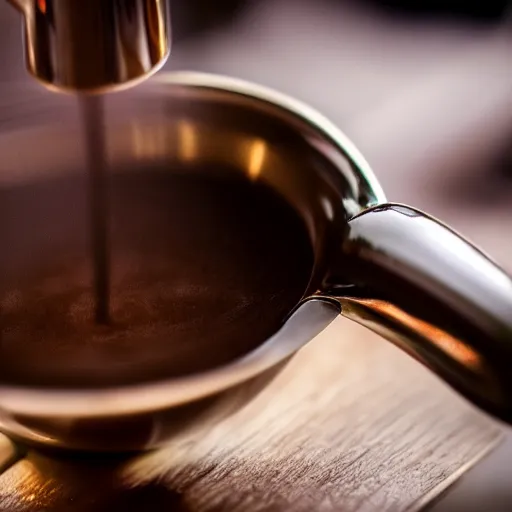 Image similar to a very beautiful macro photograph of espresso being poured from a portafilter. professional, high quality, high resolution, dynamic shot