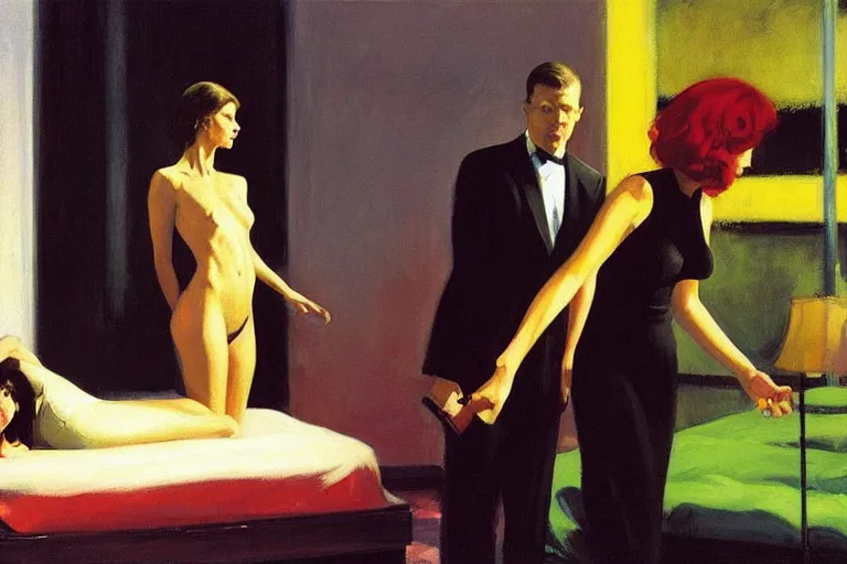Prompt: hollywood babylon, on the qt, scandal sheet, painting by edward hopper and eric fischl and robert mcginnis