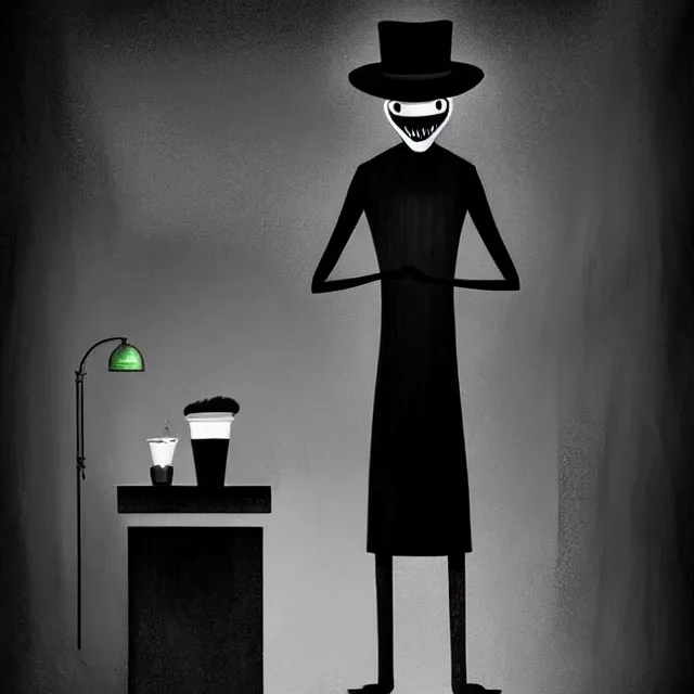 Prompt: epic professional digital art of the Babadook as a depressed barista behind he counter of an old dingy brutalist diner, best on artstation, cgsociety, wlop, Behance, pixiv, astonishing, impressive, outstanding, epic, cinematic, stunning, gorgeous, concept artwork, much detail, much wow, masterpiece.