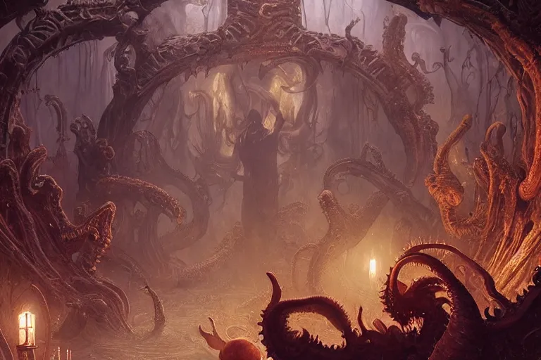 Image similar to a lovecraftian painting of a demonic shrine, occult, demon summoning, hell gate, cosmic horror elements, ultra realistic, concept art, intricate details, eerie, highly detailed, photorealistic, octane render, 8 k, unreal engine. art by artgerm and greg rutkowski and alphonse mucha