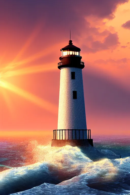 Image similar to highly detailed lighthouse with heavy waves at sunset, global illumination, god rays, detailed and intricate environment, 8 k