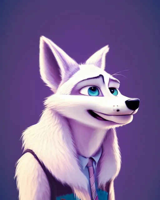 Image similar to portrait of cute anthropomorph white wolf in the style of zootopia, volumetric light, artstation, concept art, 8 k, high detail, perfect