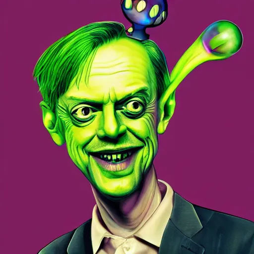 Prompt: steve buscemi as a martian alien, smiling, holding neon mushrooms, highly detailed, 8 k, trending on artstation, award - winning art,