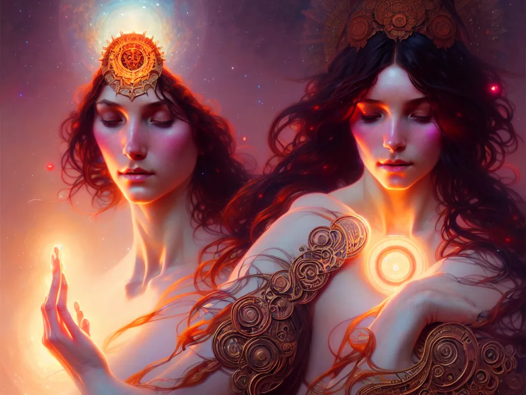 Image similar to ultra realistic, cosmic goddess, intricate details, eerie, awakening, artstation, highly detailed, 8k, art by artgerm and greg rutkowski and alphonse mucha