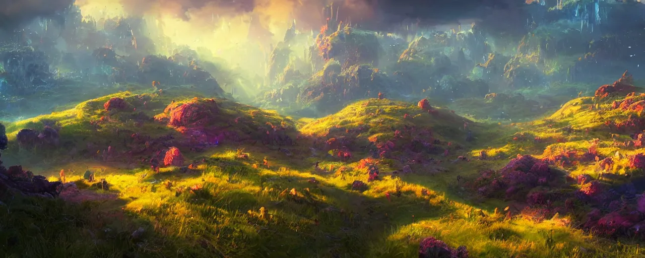 Image similar to ” otherwordly landscape rolling hills, [ cinematic, detailed, epic, widescreen, opening, establishing, mattepainting, photorealistic, realistic textures, octane render, art by paul lehr ] ”