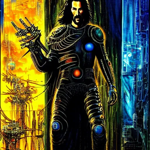 Prompt: keanu reeves as cyberpunk shiva knight, atmospheric lighting, painted, intricate, golden and blue hour, ultra detailed by philippe druillet