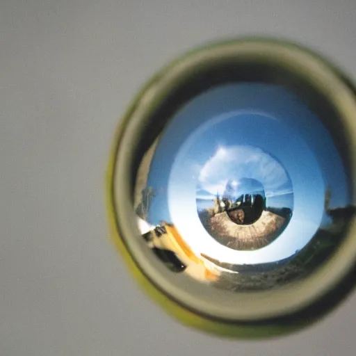 Image similar to Fisheye lens 1 inch from a man's face as he smiles widely