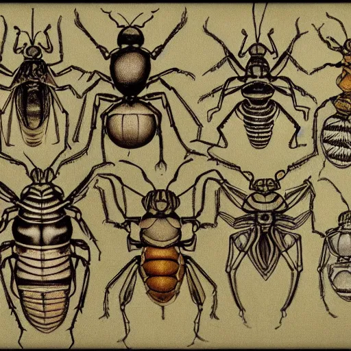 Prompt: detailed color technical drawing of alien bugs by da vinci