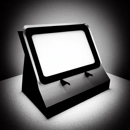 Image similar to an old, filthy, broken, 1960s-era, retro device, made of brushed steel, for displaying recipes, digital pong screen, set on a kitchen counter, dramatic constrasting light, redshift render, but as high contrast photography, featured on behance, golden ratio, f32, well composed, cohesive, from the show X-Files