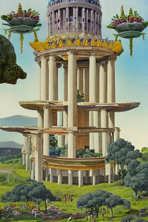 Prompt: mecha robot, hanging gardens of babylon, temple of artemis at ephesus, waterfalls, blooming hills with spring flowers and pillars by helen lundeberg