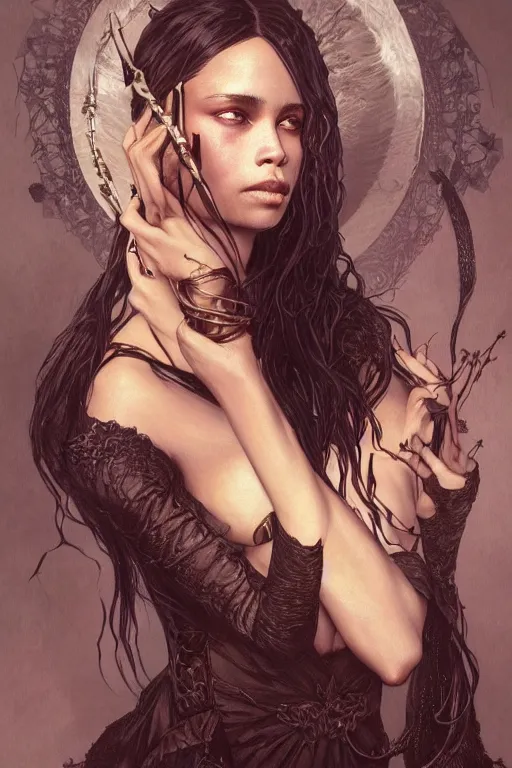 Image similar to ultra realistic illustration, zoe kravitz as the gothic vampire queen, intricate, elegant, highly detailed, digital painting, artstation, concept art, smooth, sharp focus, illustration, art by artgerm and greg rutkowski and alphonse mucha