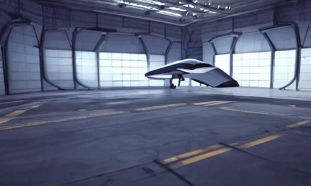 Image similar to octane render, high quality, unreal engine 5, spaceship in hangar