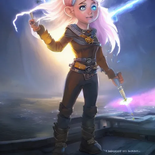 Image similar to female gnome engineer with pixie undercut hair, blasting lightning from metal gauntlet covering her arm, standing on a ship deck, full body portrait, lightning fantasy magic, naval background, D&D, piercing stare, highly detailed, digital painting, HD, ArtStation, great composition, concept art, matte, sharp focus, illustration, art by artgerm and Greg Rutkowski