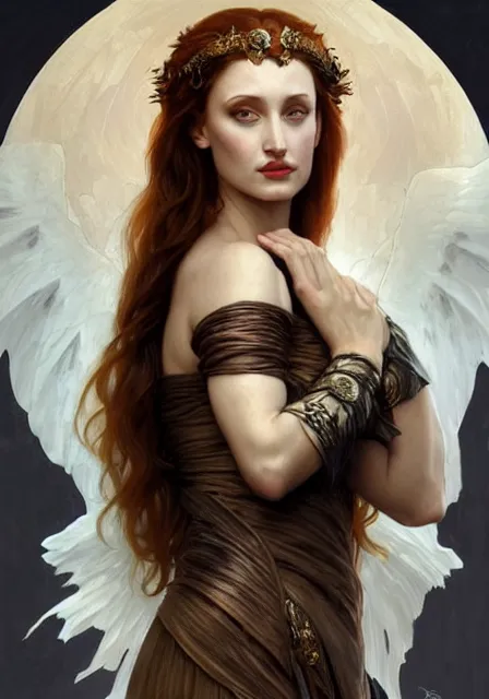 Image similar to sansa angeline jolie gessica chastain mummy goddess of death and blood, intricate, elegant, highly detailed, digital painting, artstation, concept art, smooth, sharp focus, illustration, art by artgerm and greg rutkowski and alphonse mucha and william - adolphe bouguereau