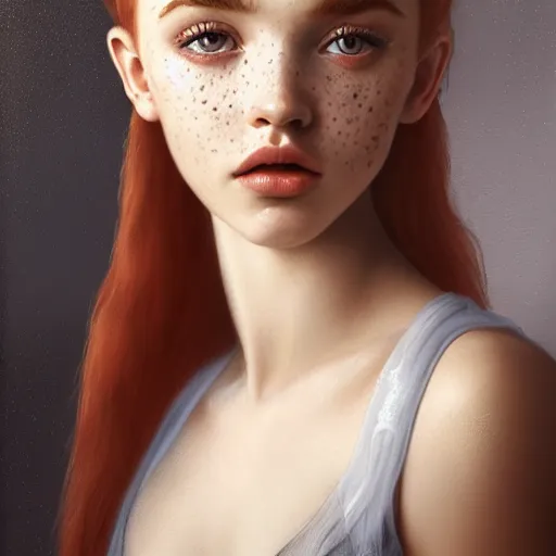 Image similar to tom bagshaw portrait, freckles beautiful mix of dove cameron madison beer bella poarch in a camisole and hotpant, short thin redhead, professionally retouched, focus eyes, ultra realistic soft painting, insanely detailed linework, symmetrical accurate intricate features, behance, 8 k, - signature