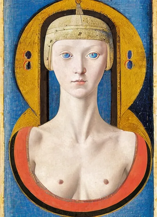 Prompt: portrait of young woman in medieval dress and medieval headdress, blue eyes and blond hair, style by piero della francesca