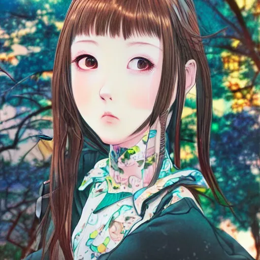 Image similar to stylized portrait of beautiful jun amaki model instagram girl anime style wearing street fashion painted by katsuya terada and masamune shirow