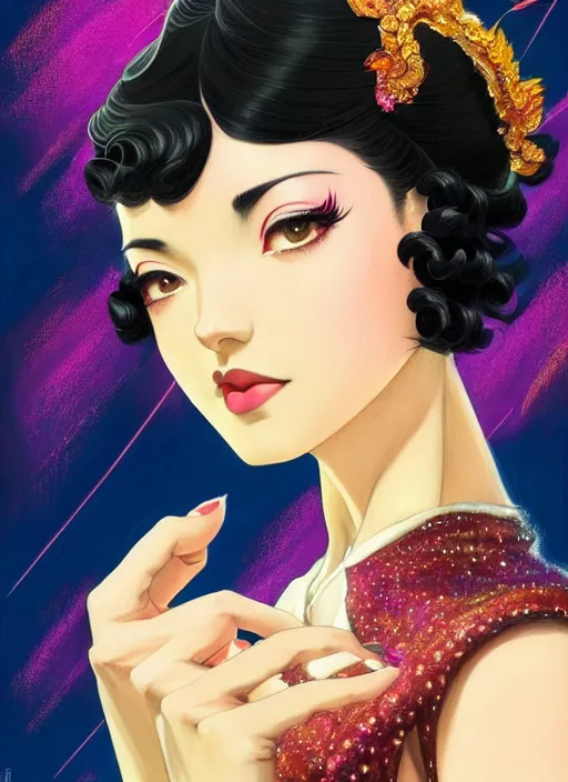 Image similar to a beautiful dancer with black hair in 1930's fashion, ballroom background, intricate, highly detailed, digital painting, artstation, official media, anime key visual, concept art, rich vivid colors, ambient lighting, sharp focus, illustration, art by Artgerm, Makoto Shinkai, Ilya Kuvshinov, Lois Van Baarle, and Rossdraws