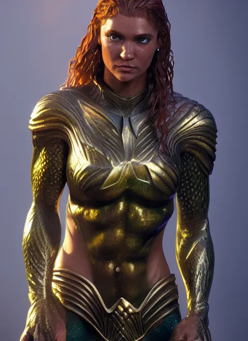 Image similar to female aquaman, au naturel, hyper detailed, digital art, trending in artstation, cinematic lighting, studio quality, smooth render, unreal engine 5 rendered, octane rendered