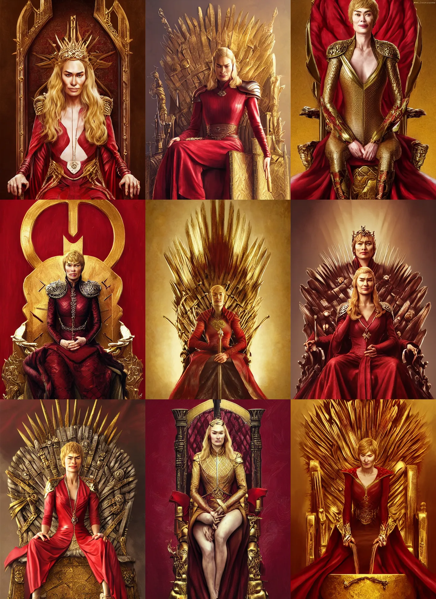 Prompt: portrait cersei lannister sit on throne, long blond hair, red and gold cloth, marvel comics, dark, intricate, highly detailed, artstation, digital illustration, ruan jia, mandy jurgens, rutkowski
