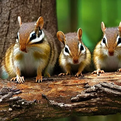 Prompt: chipmunks having a secret birthday party on a log in the woods, 8 k, national geographic photo,