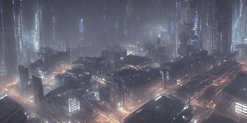 Prompt: Coruscant cityscape, Blade Runner style, industrial towers, huge mechanical bridges, buildings design by Tadao Ando and Denis Villeneuve, photorealistic, octane render, 8k