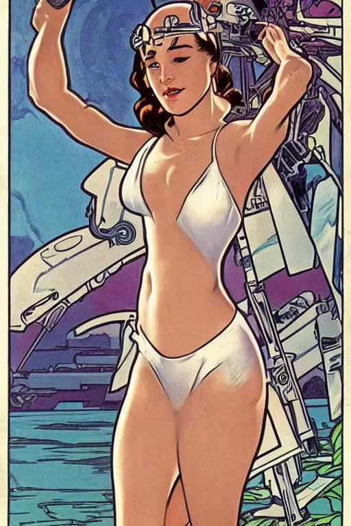 Image similar to female in white bikini with tattoos and stormtrooper helmet, well composed, clean elegant painting, beautiful detailed face. comic book art by steve ditko and jack kirby and ( alphonse mucha )