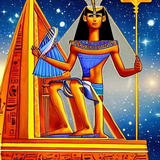 Prompt: handsome egyptian prince sitting on a floating throne, guided by thoth, in outer space, galaxies
