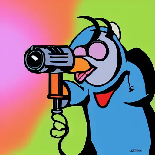 Image similar to “portrait of a cartoon animal, Disney style, pointing a laser gun at the camera”