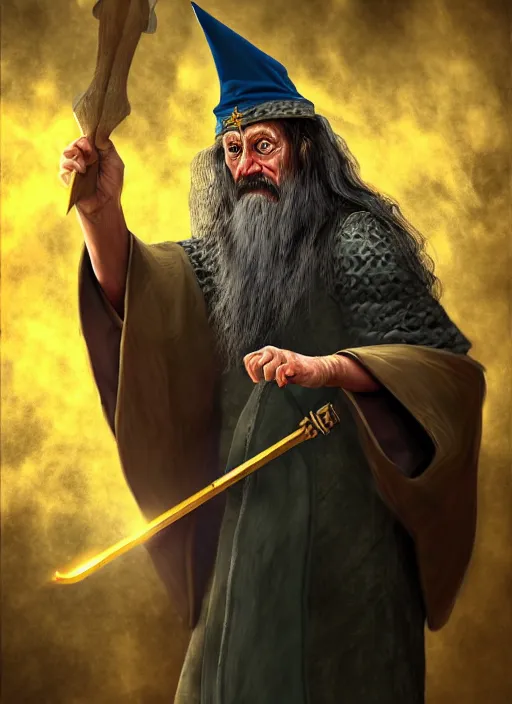 Image similar to highly detailed, hyper realistic wizard with a dungeon background