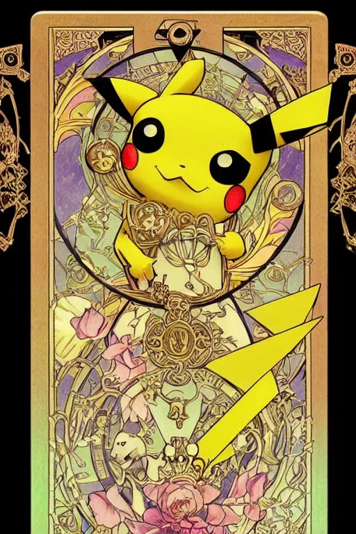 Prompt: Pikachu tarot card, art nouveau style, painterly, digital art, ornate borders, intricate details, dream atmosphere, light toned, pastel colors, cute, adorable, concept art, Pixiv, Deviantart, Behance, trending on artstation, by Naoki Saito and James jean and James Gurney and Alphonse Mucha