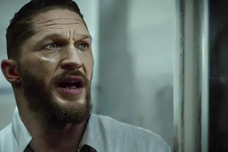 Image similar to film still of Tom Hardy as Max Payne in a dark dream crying over baby crib in the Max Payne movie, 4k